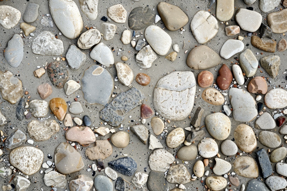 Poster smooth river rocks and pebbles embedded in cement create a natural and textured background