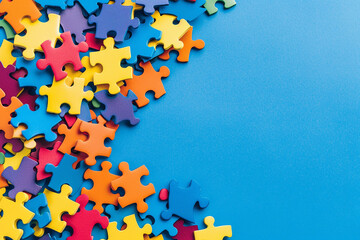 Puzzle pieces, mosaics for world Autism Awareness Day, Copy space, background for flyer, poster edge, banner