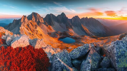 Naklejka premium Majestic Sunset Over the Alpine Lake and Mountain Range