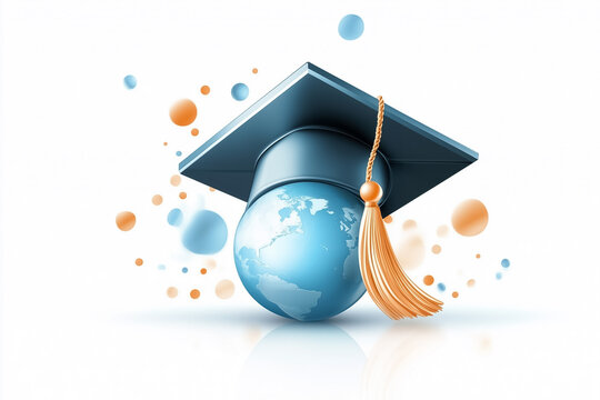 The graduation cap rests atop a globe representing global learning. Colorful bubbles add vibrancy, making it an engaging visual for educational materials or campaigns