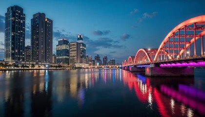 Naklejka premium Night view of a city skyline with illuminated bridge and reflecting water