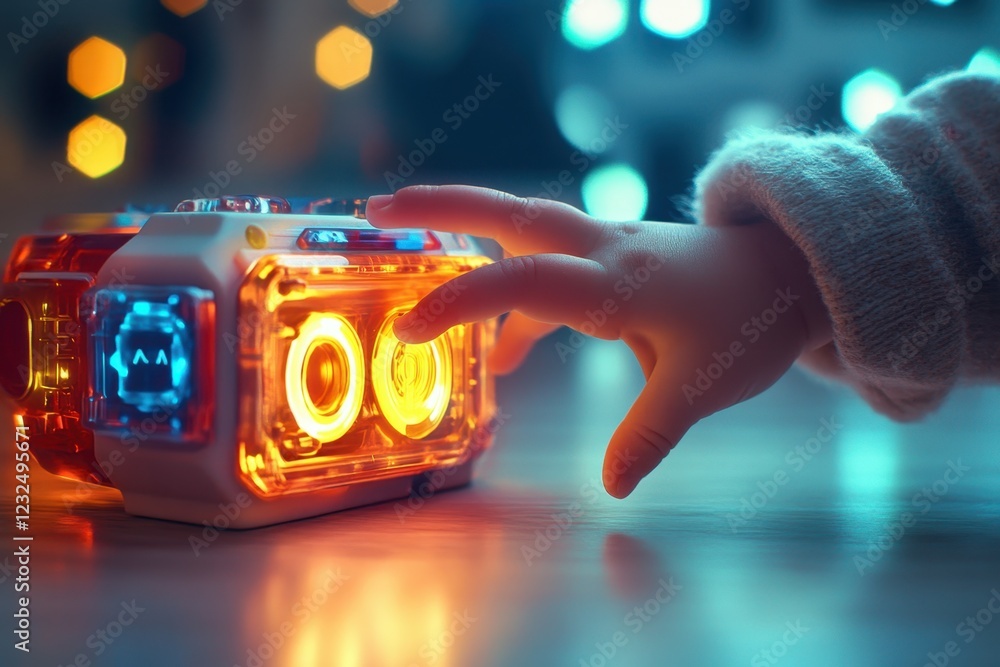 Aufkleber child interacts with colorful toy while exploring playful lights in a cozy indoor setting