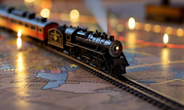 A small miniature toy train moving around a map with warm cozy lights to guide it on a train track, transportation, professional shot