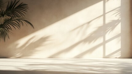 Serene Minimalist Interior: Sunlight and Palm Shadows