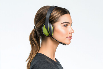 woman wearing headset is focused on her work, showcasing professionalism and engagement