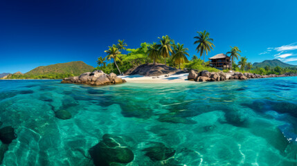 Fototapeta premium Discover the pristine beauty of a tropical island with crystal clear waters and lush greenery on a sunny day