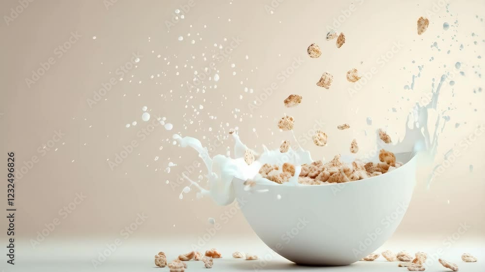Aufkleber Milk splashing in a bowl filled with cereal, creating a vibrant and enticing scene of floating flakes, ideal for conveying breakfast themes and healthy eating