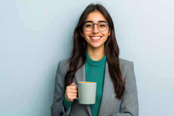 young woman in smart business attire smiles while holding coffee mug, exuding confidence and professionalism