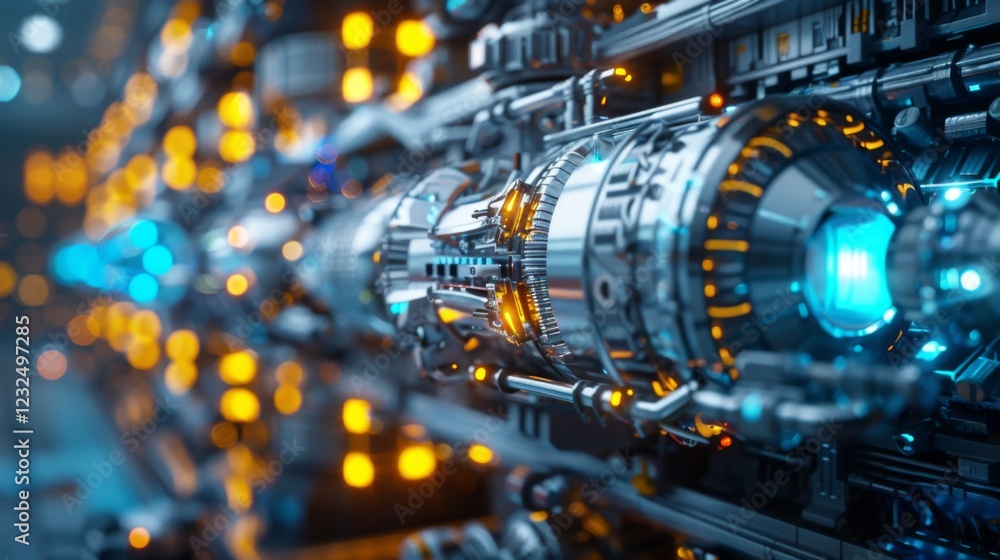 Poster A close up view showcases a complex mechanical structure with bright blue lights and intricate circuitry, set against a blurred backdrop of futuristic elements in low light.