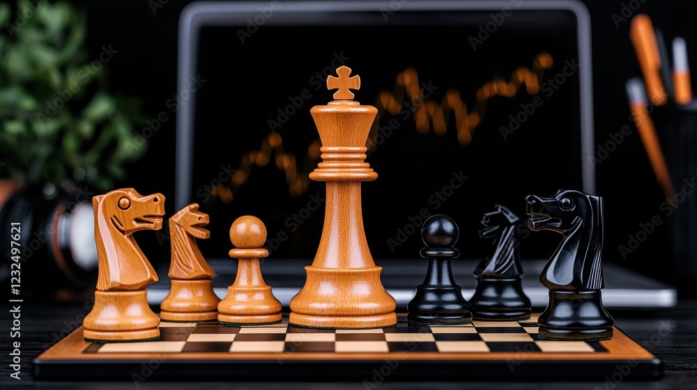 Poster chess pieces on a board with laptop displaying financial graphs in background
