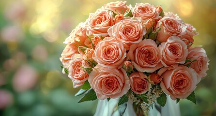 A Bridal Bouquet featuring Peach Roses and White Babys Breath set against a Teal Background