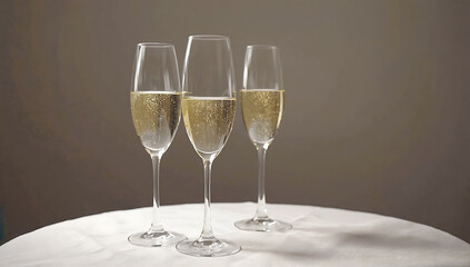 Three champagne glasses on a table
