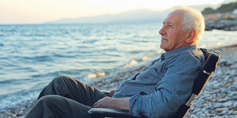 Senior man relaxing by the beach at sunset