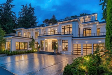 Obraz premium Luxurious Mansion at Dusk: A Modern Architectural Marvel