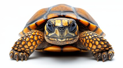 Obraz premium The turtle advances slowly on grass, its shell showcasing an intricate design