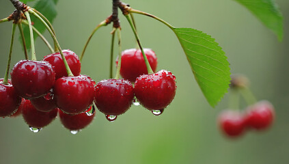 Ripe cherries with water drops