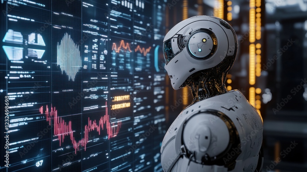 Poster futuristic robot analyzing data on a holographic screen