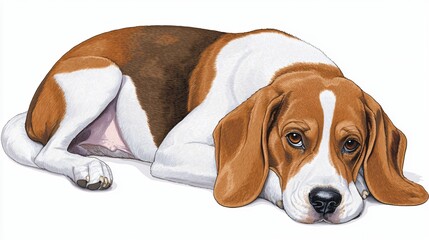 Fototapeta premium Beagle dog resting, white background, calm pet