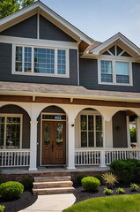 Fototapeta premium Luxury Modern Home Exterior: Gray Siding, White Trim, and Spacious Porch. Beautiful landscaping and architectural details create curb appeal.