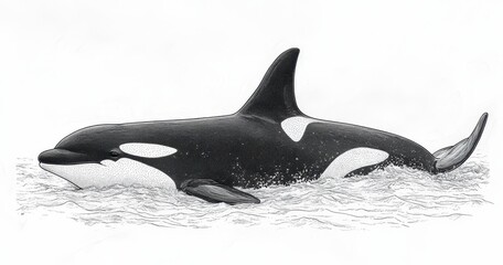 Obraz premium A black and white pointillist illustration of an orca swimming in the ocean. The image is detailed and shows the orca's sleek body and distinctive