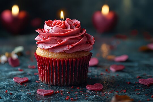 A decorated cupcake adorned with a single candle on top, ideal for birthday celebrations or special occasions