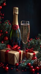 A romantic celebration awaits with champagne, roses, and a gift box prepared for a special evening together