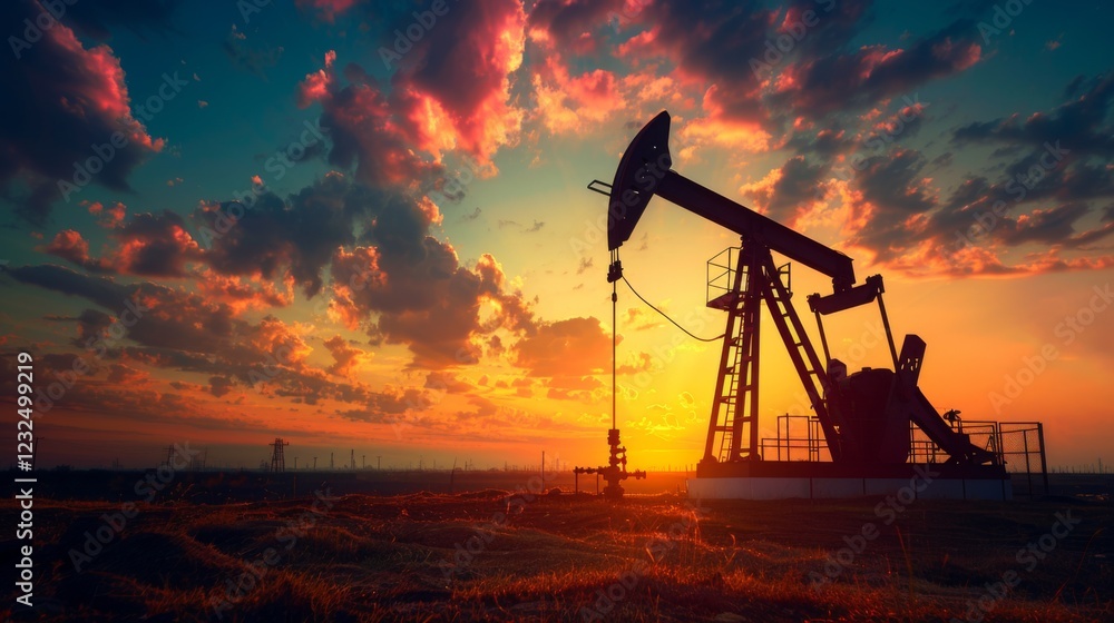 Poster an oil pump jack stands tall in an open field as the sun sets, casting colorful hues across the sky,