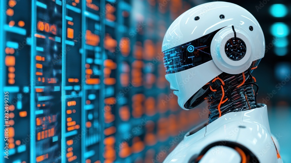Poster futuristic robot with headset amidst data interface background