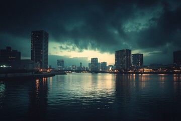Fototapeta premium Night Cityscape: Urban Skyline Reflected in Dark Water