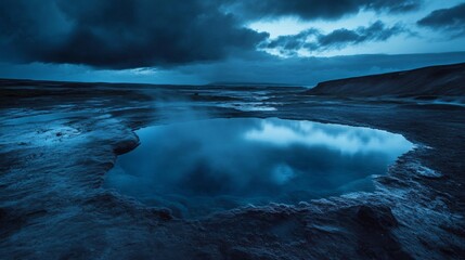 Naklejka premium A pool of hot, bubbling water from underground lies in the middle of Iceland. The photo was taken at midnight during a storm.