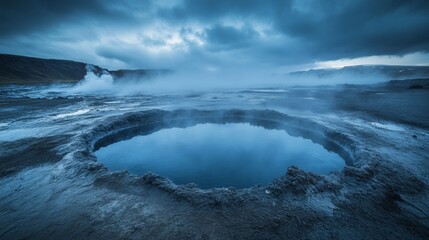 Fototapeta premium A pool of hot, bubbling water from underground lies in the middle of Iceland. The photo was taken at midnight during a storm.