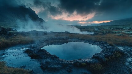 Obraz premium A pool of hot, bubbling water from underground lies in the middle of Iceland. The photo was taken at midnight during a storm.