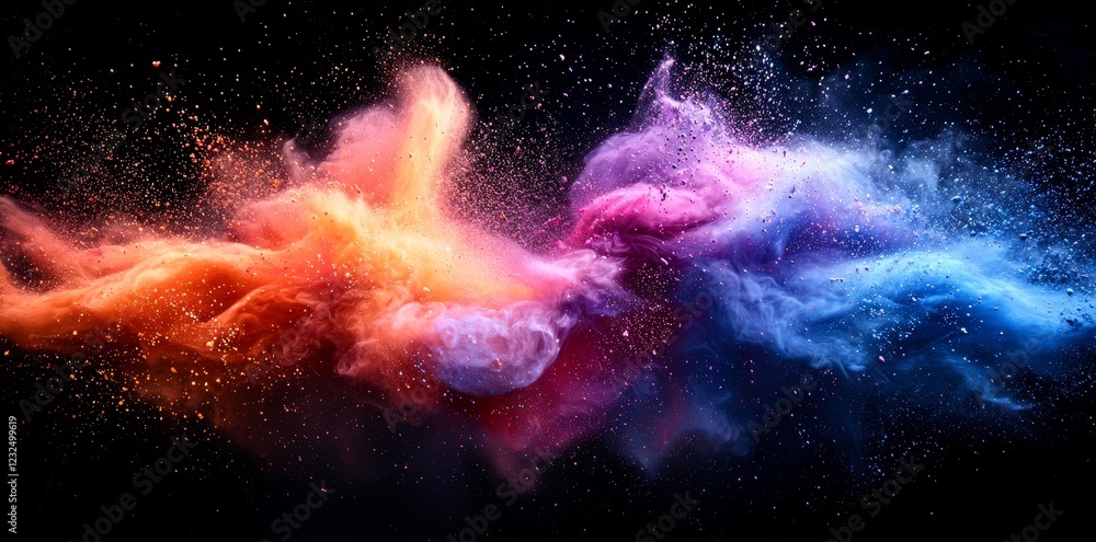 Poster glowing multicolor neon dust fluidly moving in slow-motion collision on a black background for abstr