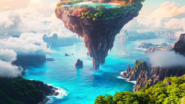 Magical Aerial Landscape of a Floating Island and Vast Ocean - made with Generative AI