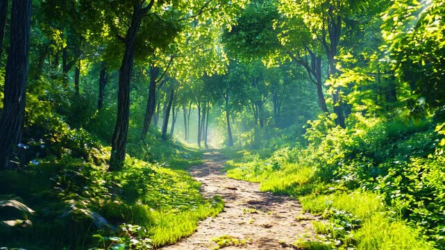 Peaceful Nature Walk Through a Vibrant Green Forest - made with Generative AI