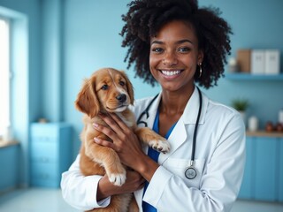 Portrait of an African American Woman Veterinarian Smiling Calmly While Holding a Puppy in a Clean Veterinary Clinic Setting