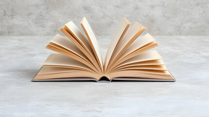 Open book, pages fanned, on table, grey background, education