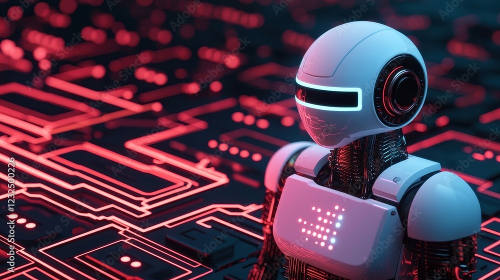 Poster futuristic robot on digital circuit board with neon glowing lines