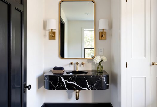 Architectural Digest Powder Room, Black Marble, Large Brass Mirror, White Walls, Luxury Interior Design, Elegant Space, Sophisticated Style, High-End Bathroom, Modern.

