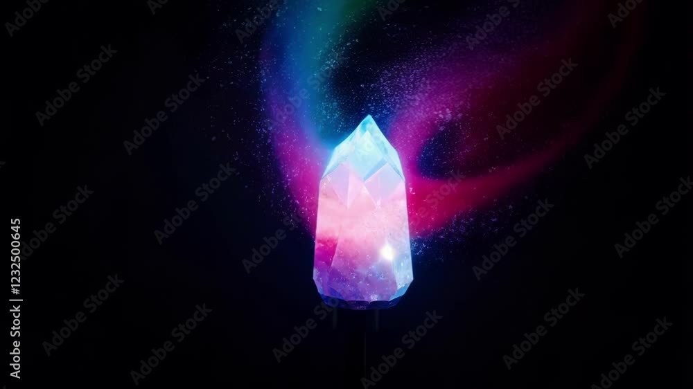 Poster crystal lamp radiating multicolored glow, surrounded by vibrant powder explosions against deep black