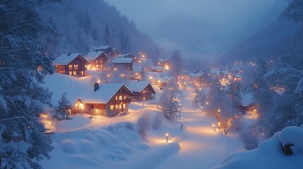 The alpine chalet town looks magical on a snowy winter night.