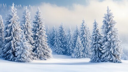 Celebrate the holidays with a festive winter greeting card featuring a snowy landscape with towering fir trees.