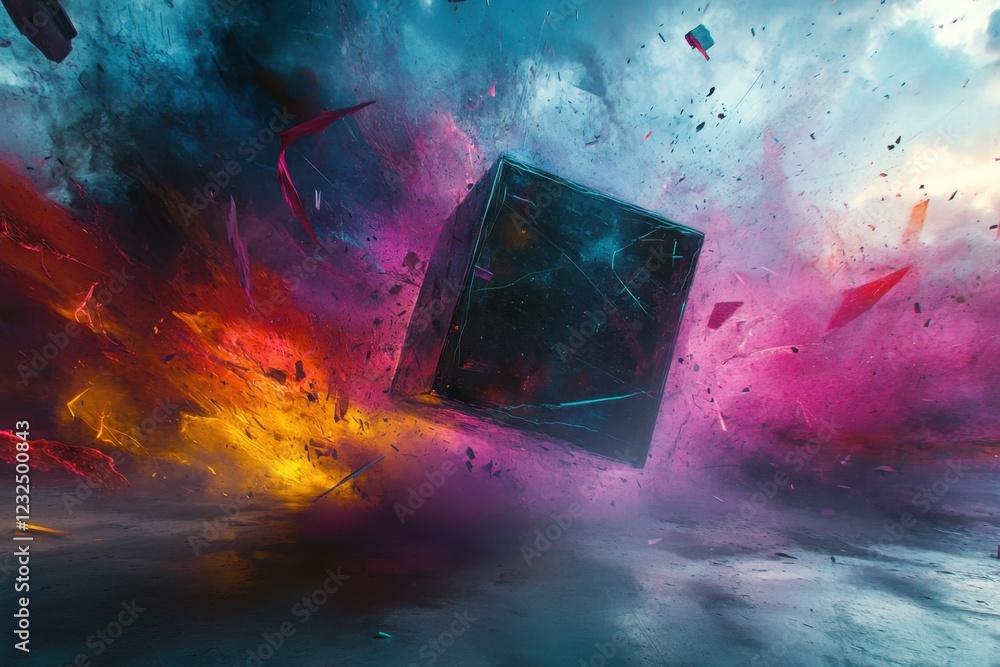 Poster dynamic abstract cube surrounded by vibrant colors and swirling energy in a cosmic environment