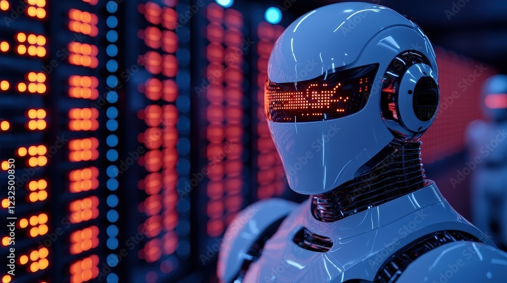 Poster futuristic robot in data center with bright red led lights