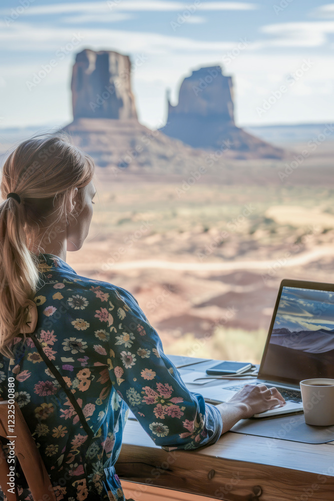 Canvas Prints Woman working on a laptop at a wooden desk with a cup of coffee, overlooking stunning desert rock formations through a large window.