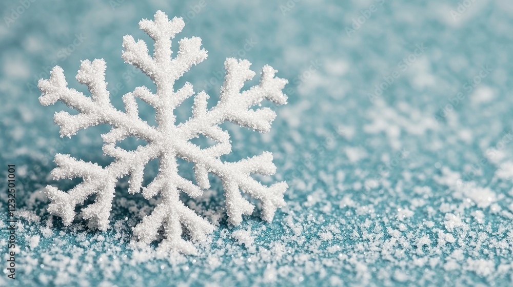 Poster fine snowflake on frosted blue background with sparkling texture