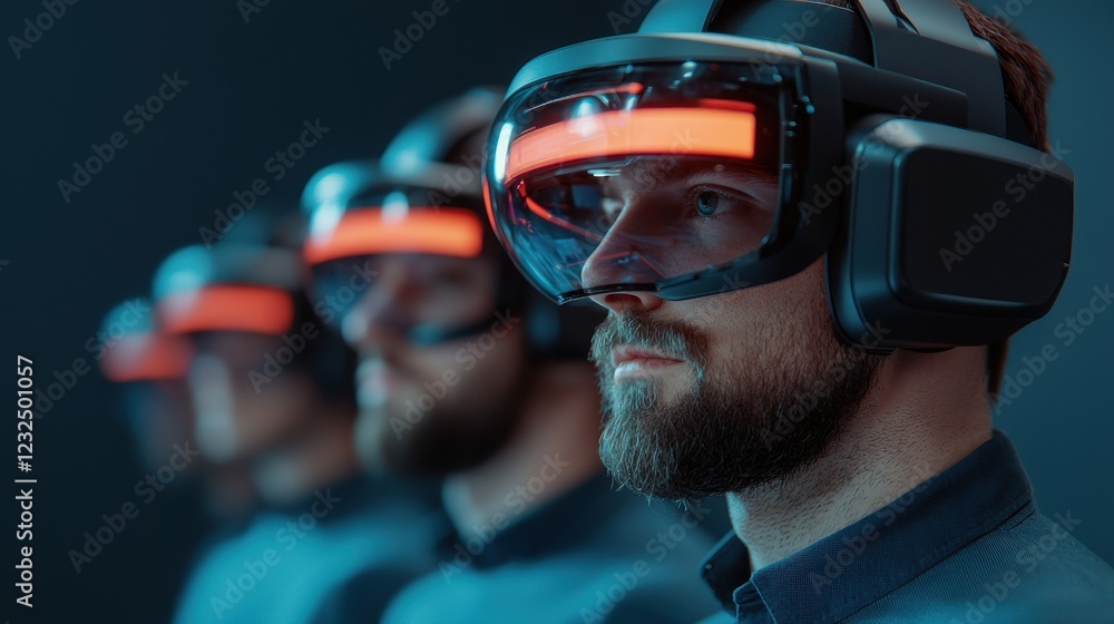 Poster group of individuals using virtual reality headsets in dark environment