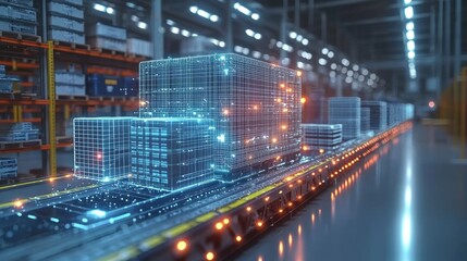 Fototapeta premium Digital warehouse, automated conveyor belt, logistics, inventory, future technology