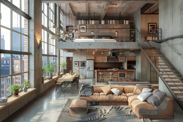 Fototapeta premium Spacious industrial-style loft with large windows, open-plan layout, wooden furnishings, mezzanine bedroom, modern kitchen, and cozy living area bathed in natural light
