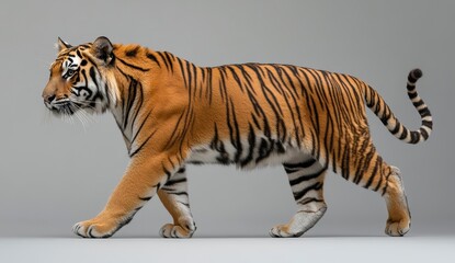 Fototapeta premium Profile view of an orange and black tiger walking against a gray background. The tiger's fur is detailed, and its expression is alert. The lighting
